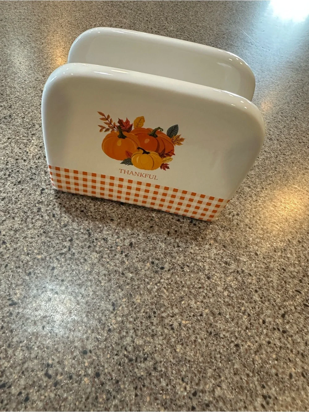 Thankful Pumpkin Ceramic Napkin Holder - White & Orange